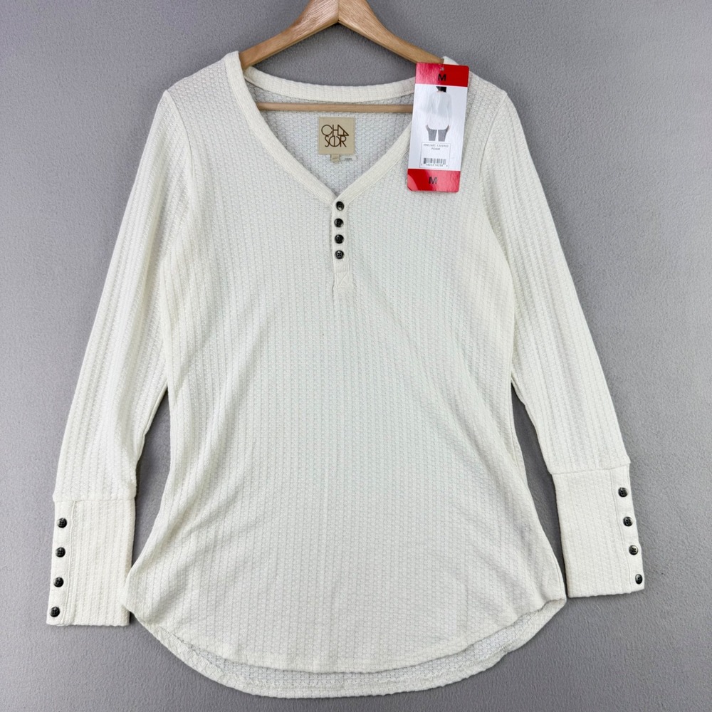 Chaser Waffle Knit Henley Top Women M White Casual Long Sleeve Sweater Knit NWT